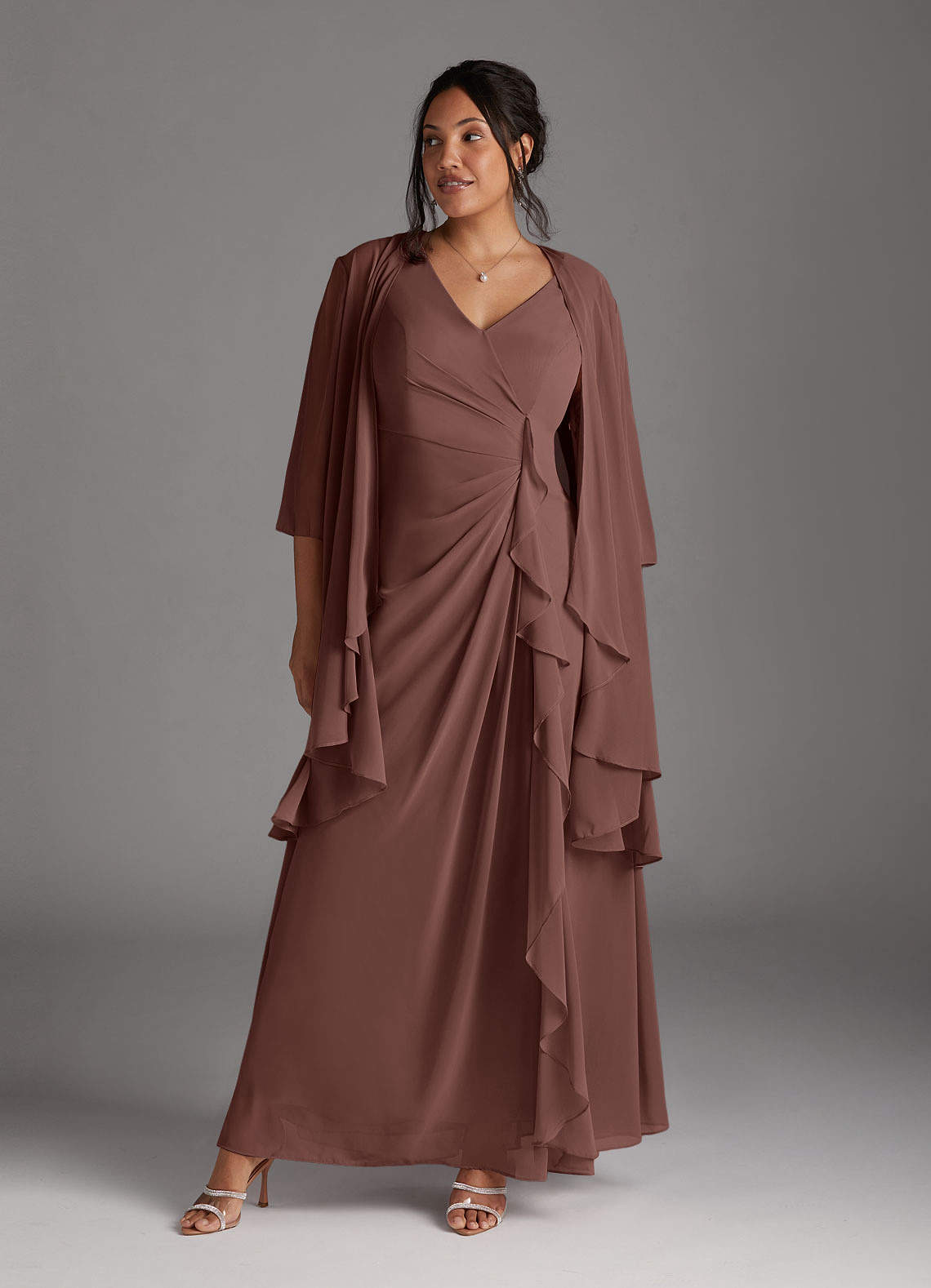 Azazie Manuella Mother of the Bride Dresses Espresso A-Line V-Neck Pleated Chiffon Dress image1