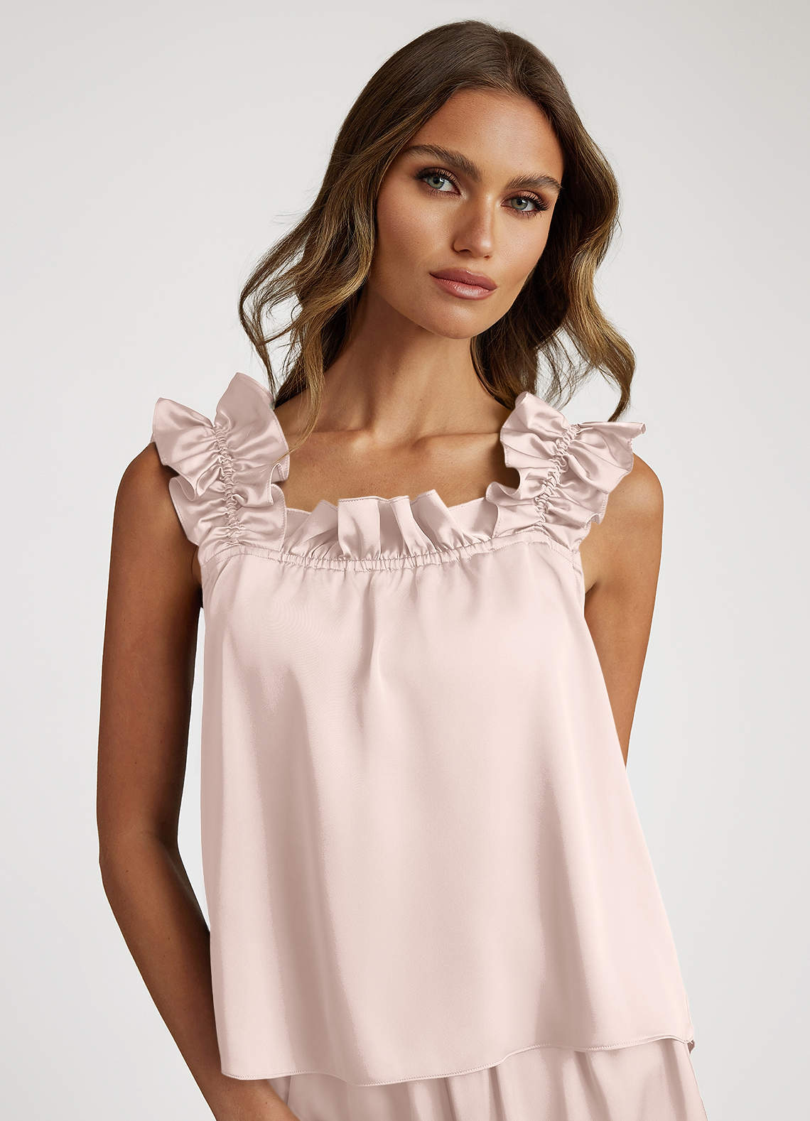 front Satin Convertible Ruffle Strap Pajama Set