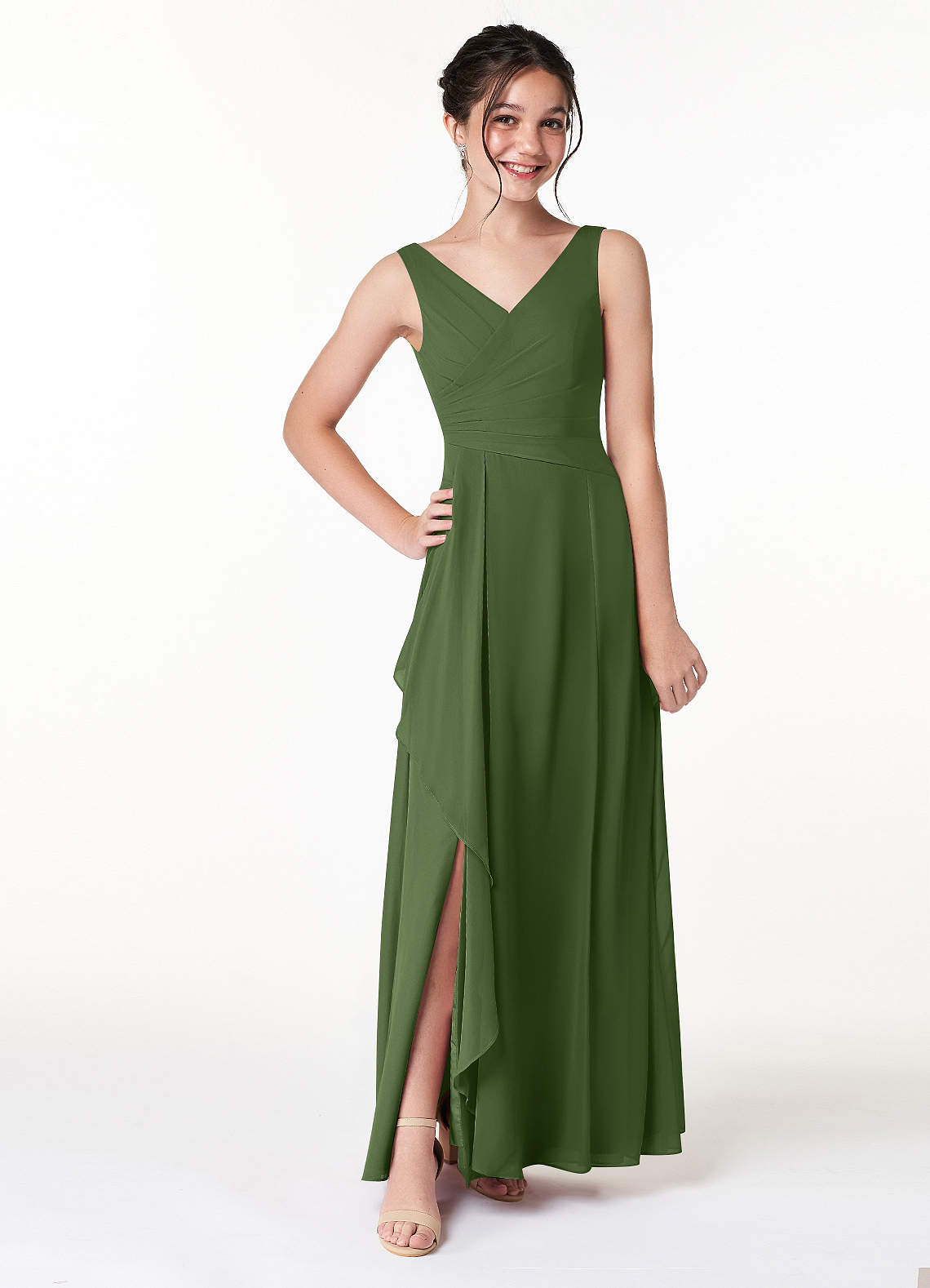 Azazie Kori Junior Olive A-Line Ruched Chiffon Dress image1