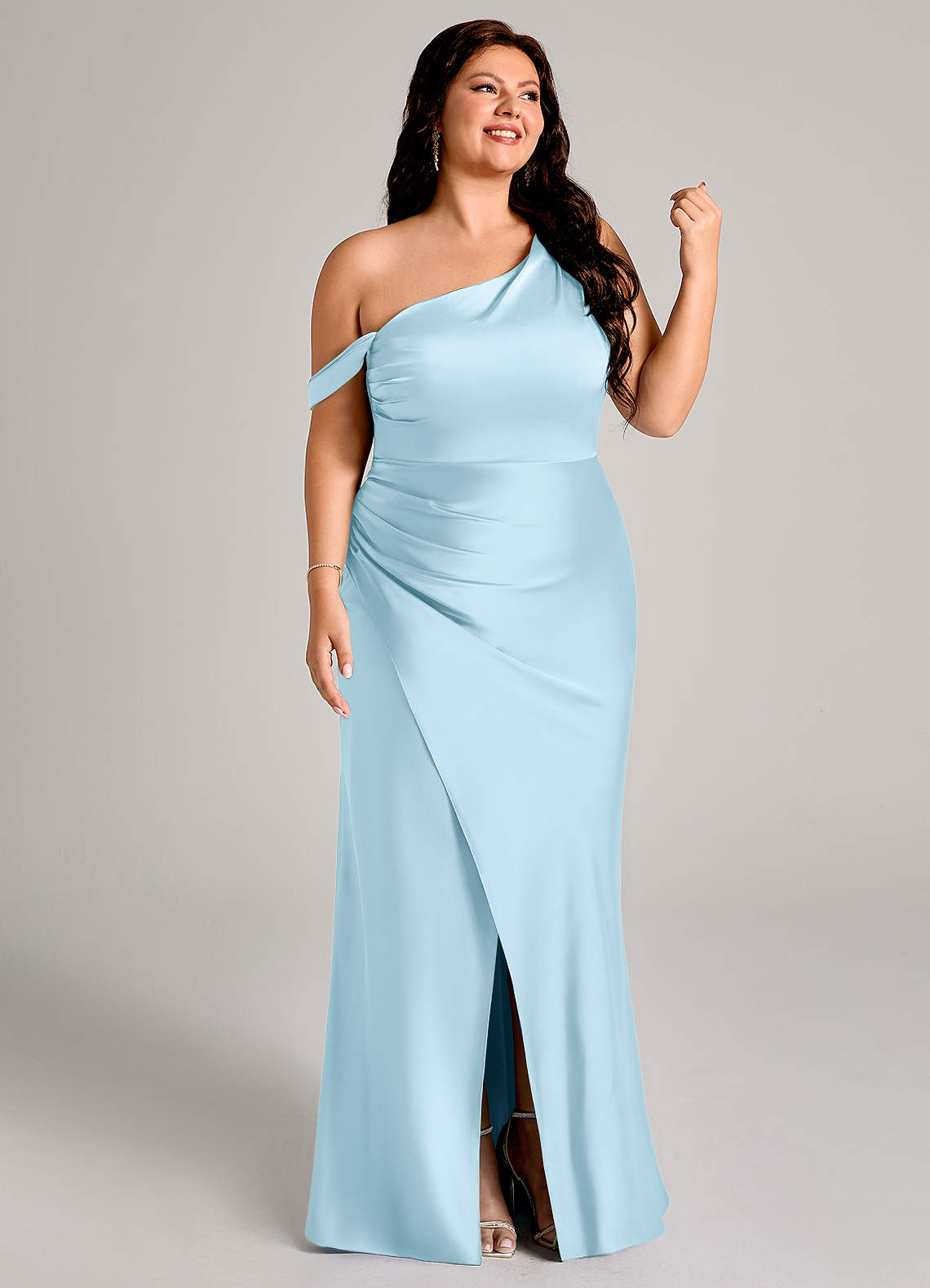 Azazie Madelyn Bridesmaid Dresses Sky Blue Mermaid One Shoulder Stretch Satin Convertible Dress image12