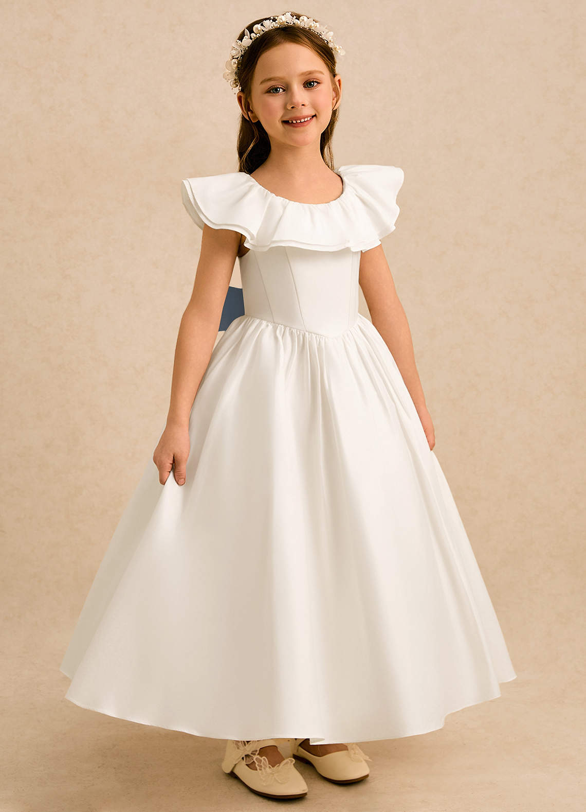 Azazie Clara Blomsterpigekjoler A-Line Sløjfe Bomuld Ankel-længde Kjole image4