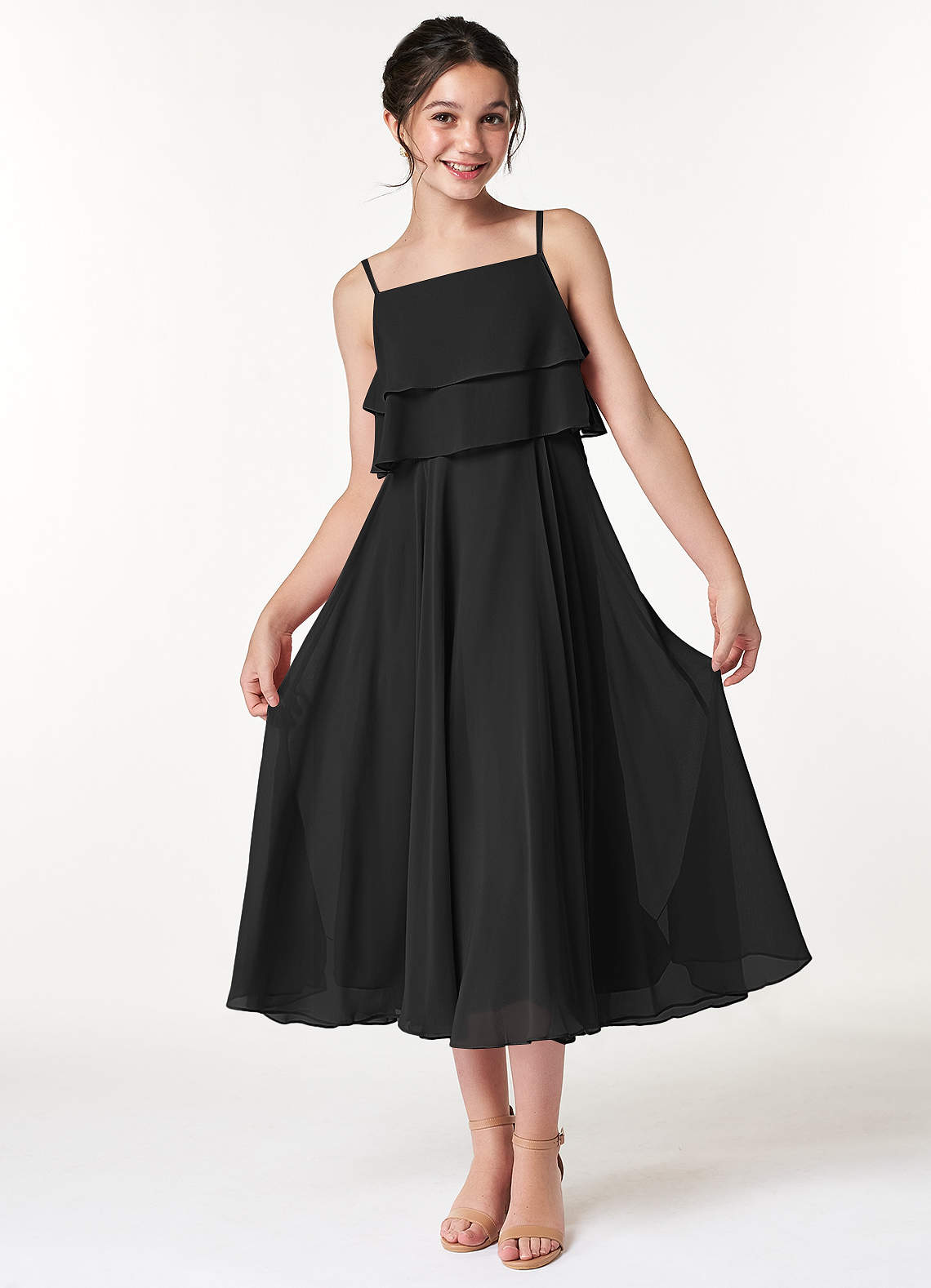 Azazie Ensley Junior Black A-Line Pleated Chiffon Dress image1