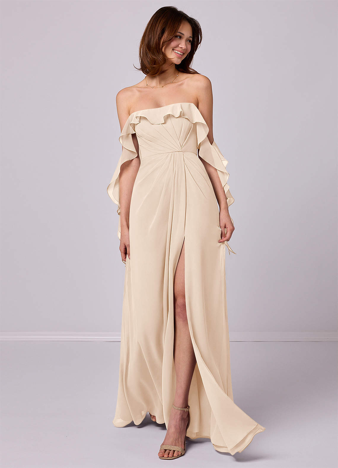 Barbie ♥ Azazie Robes de demoiselle d'honneur Robe Trapèze Convertible en Mousseline de soie Épaule décolletée Albâtre Blanc image1