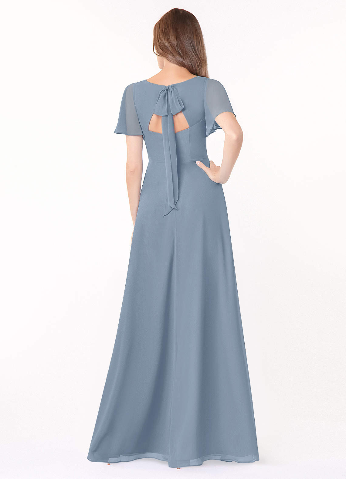 Azazie Kimber Bridesmaid Dresses Dusty Blue A-Line Flounce Sleeve Chiffon Dress image4