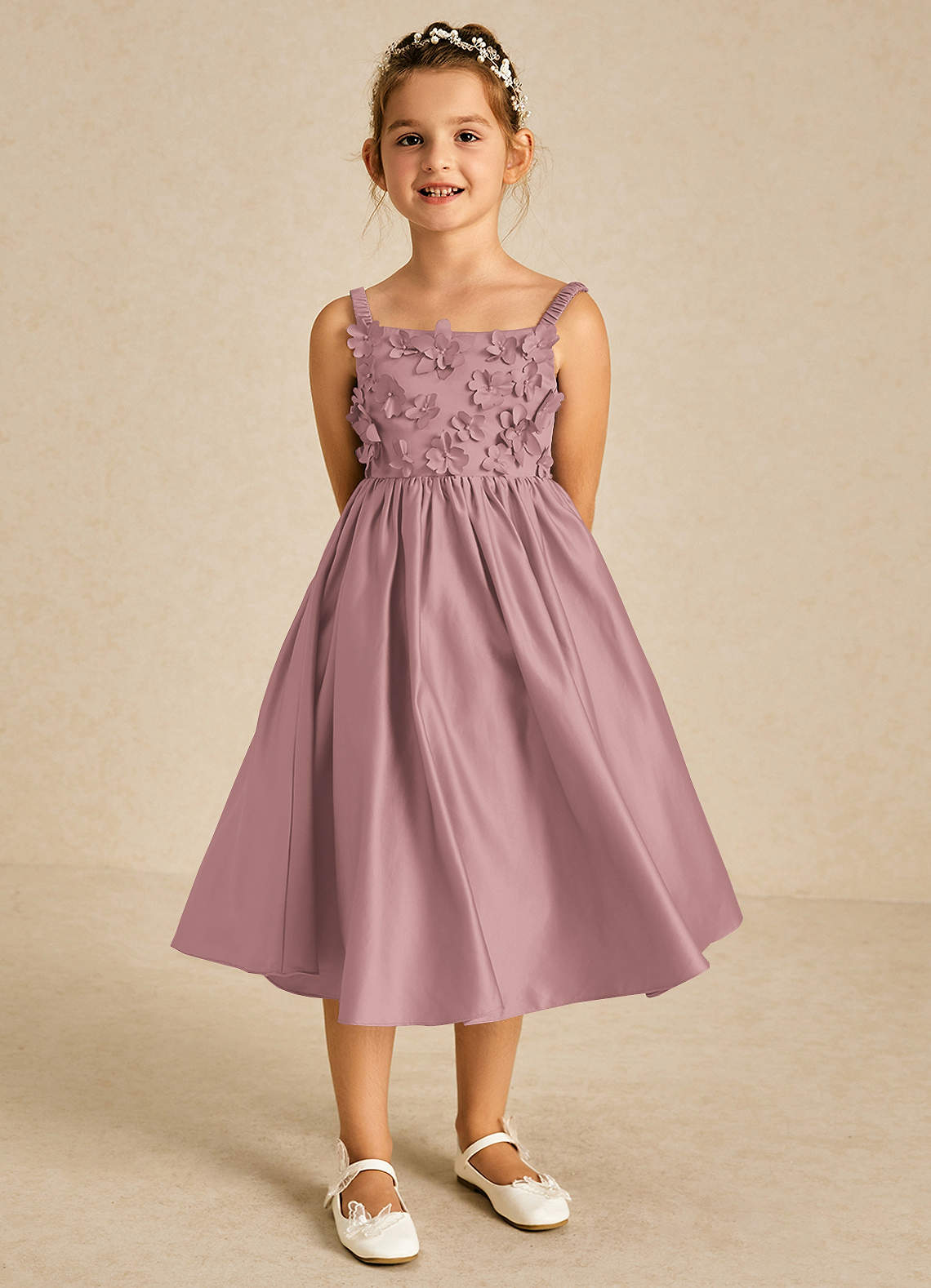 Azazie Midge Blumenmädchenkleider A-Linie Schleifen Matte Satin Kleid Altrosa image1