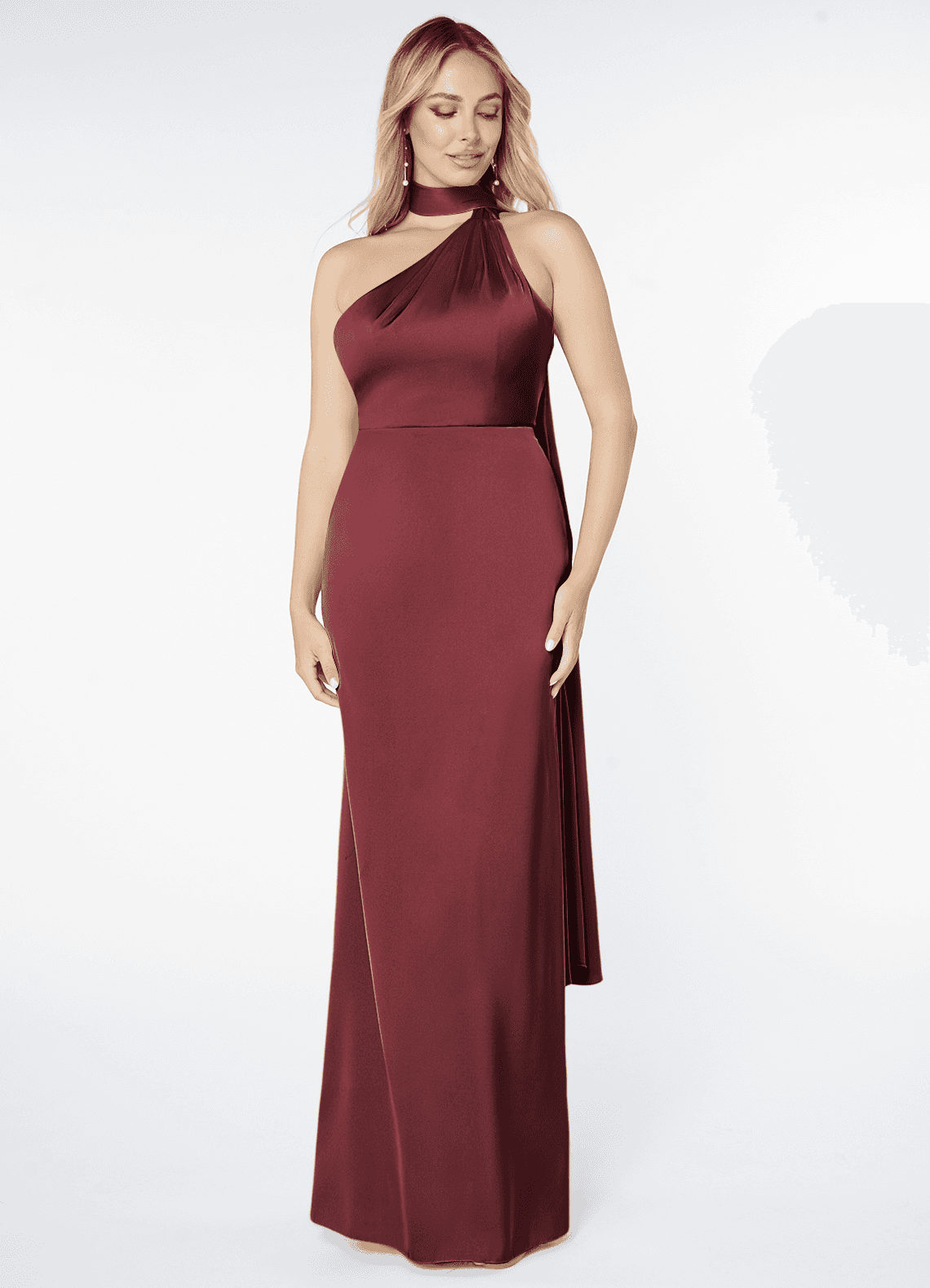 Azazie Kaylani Bridesmaid Dresses Merlot Mermaid High Neck Stretch Satin Dress image1