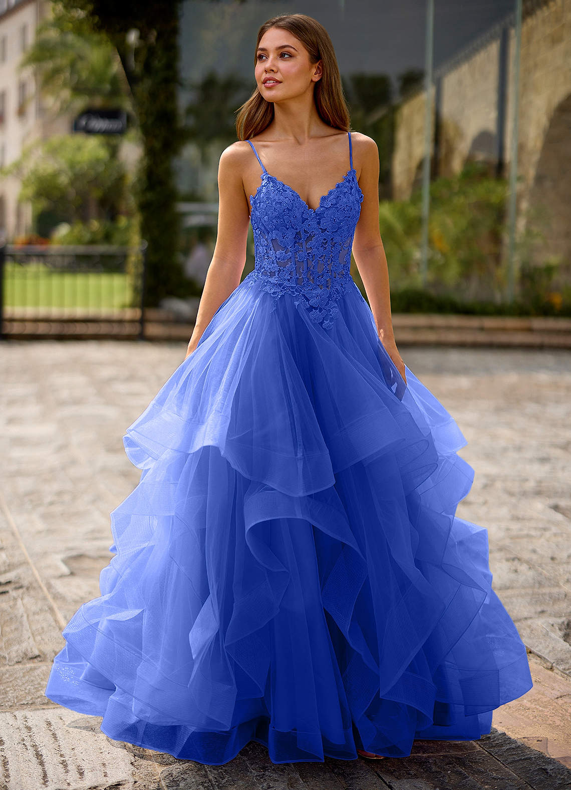 blue see through prom dress A-Line Long Lace Prom Dress with Sheer Waist Ice Blue / 00