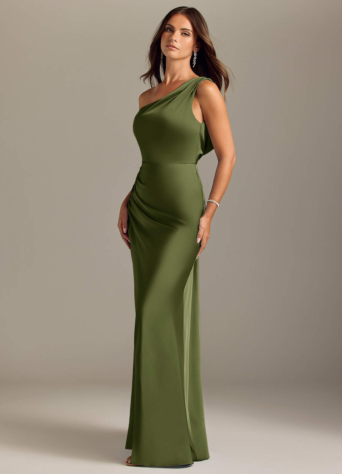 Azazie Madelyn Bridesmaid Dresses Olive Mermaid Off the Shoulder Stretch Satin Convertible Dress image2