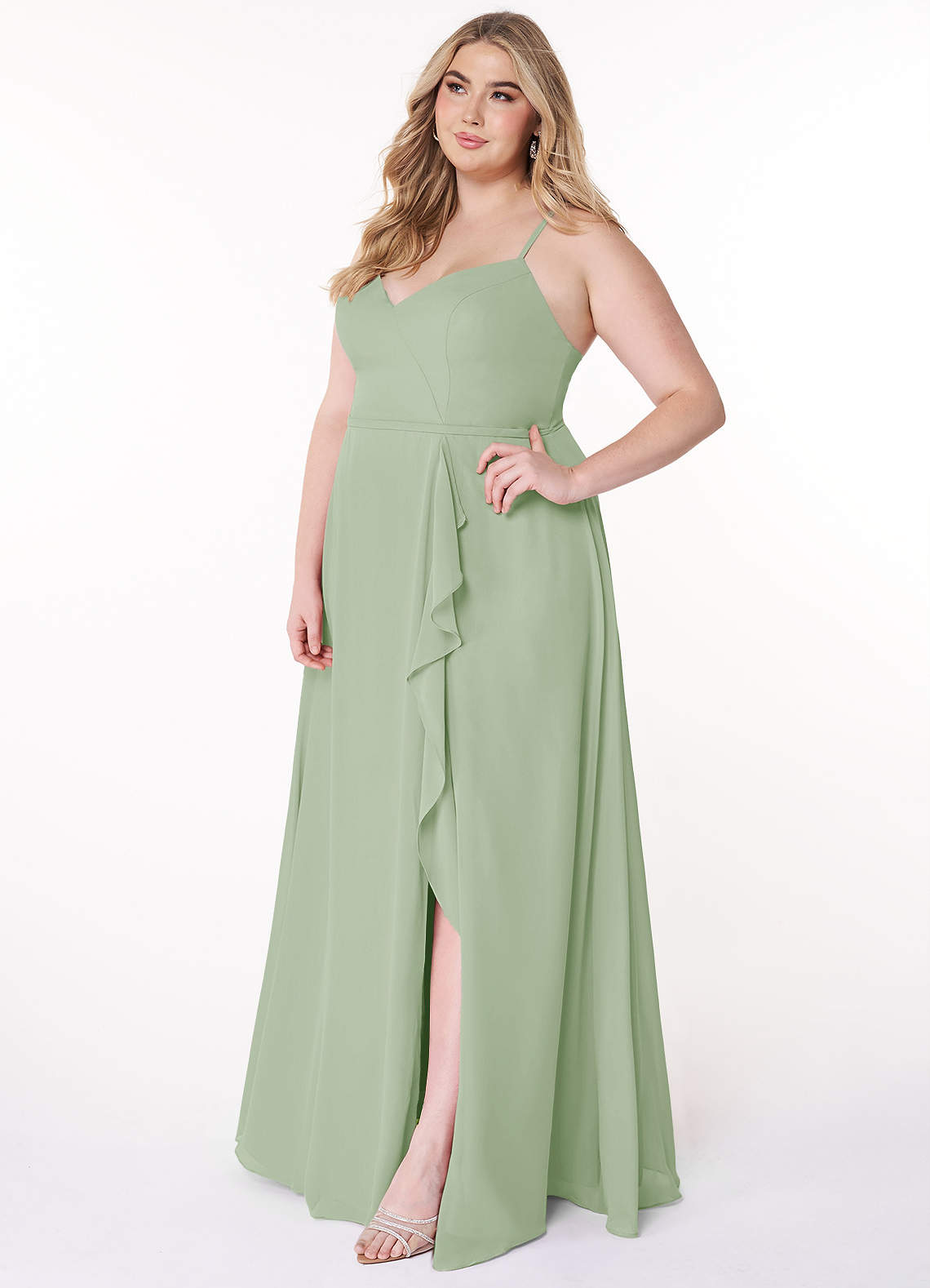 Azazie Naeem Bridesmaid Dresses Dusty Sage A-Line V-Neck Ruffle Chiffon Dress image9