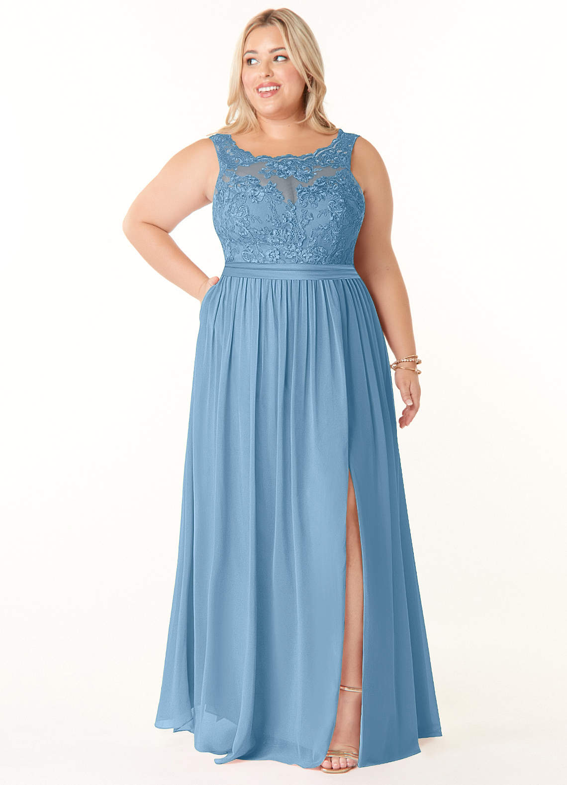 Azazie Elly Bridesmaid Dresses Steel Blue A-Line Lace Scoop Neck Chiffon Dress image1