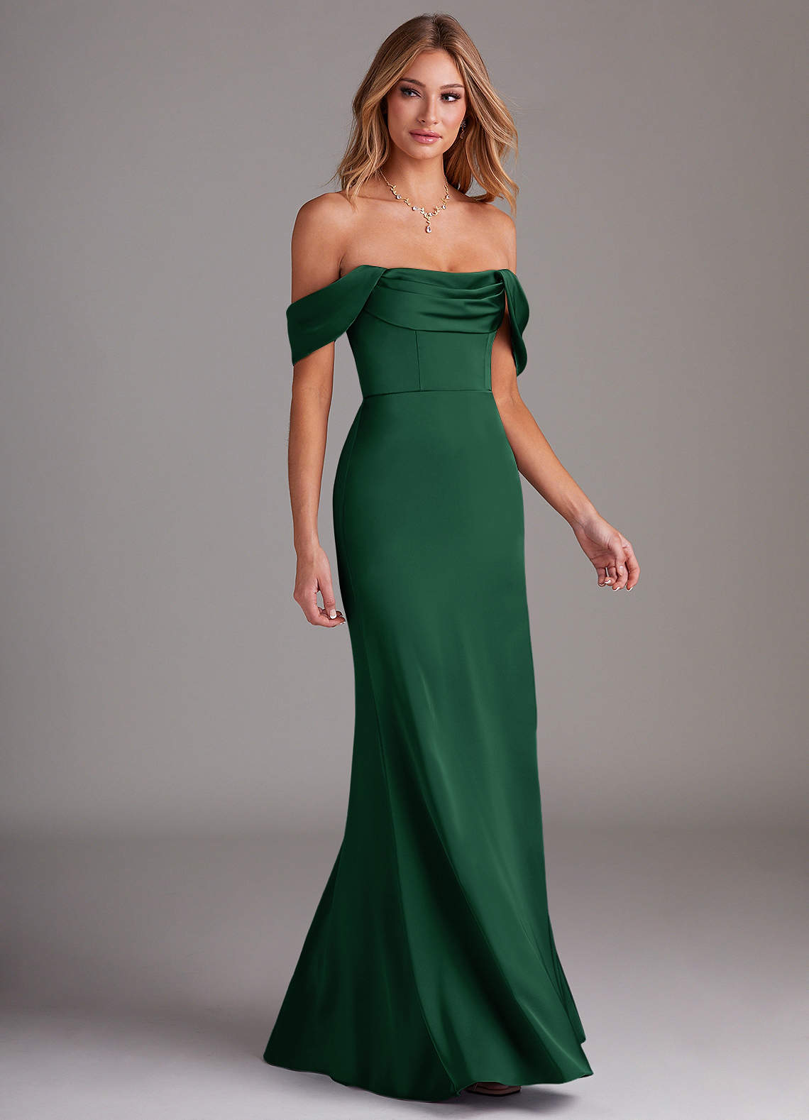Azazie Saige Bridesmaid Dresses Dark Green Sheath Off the Shoulder Stretch Satin Dress image5