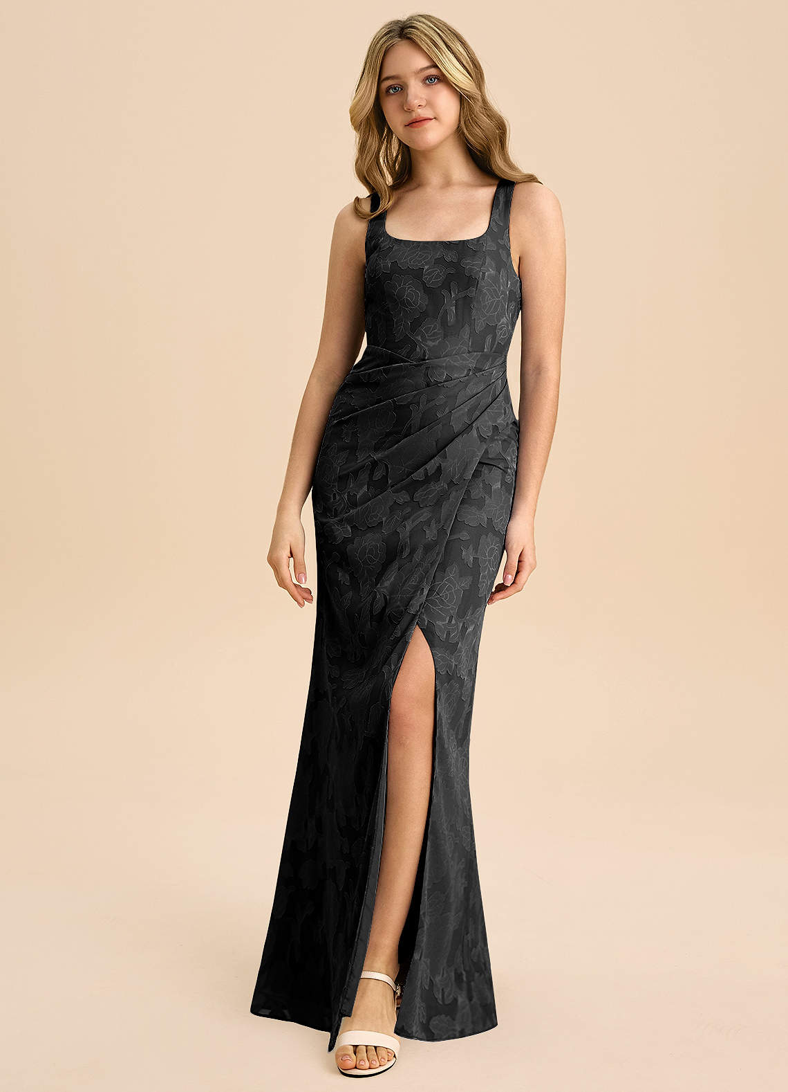 Azazie Mero Junior Black Sheath Pleated Floral Burnout Dress image2