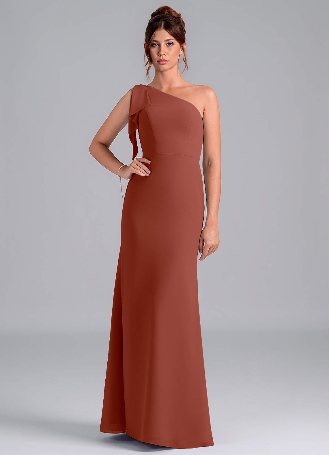 Azazie Rinna Bridesmaid Dresses Auburn Mermaid One Shoulder Chiffon Dress image1