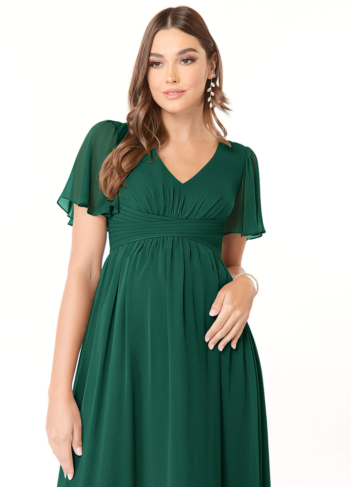 Azazie Verna Robes de demoiselle d'honneur de maternité Robe Trapèze Col V froncé Longueur ras du sol Mousseline de soie image4