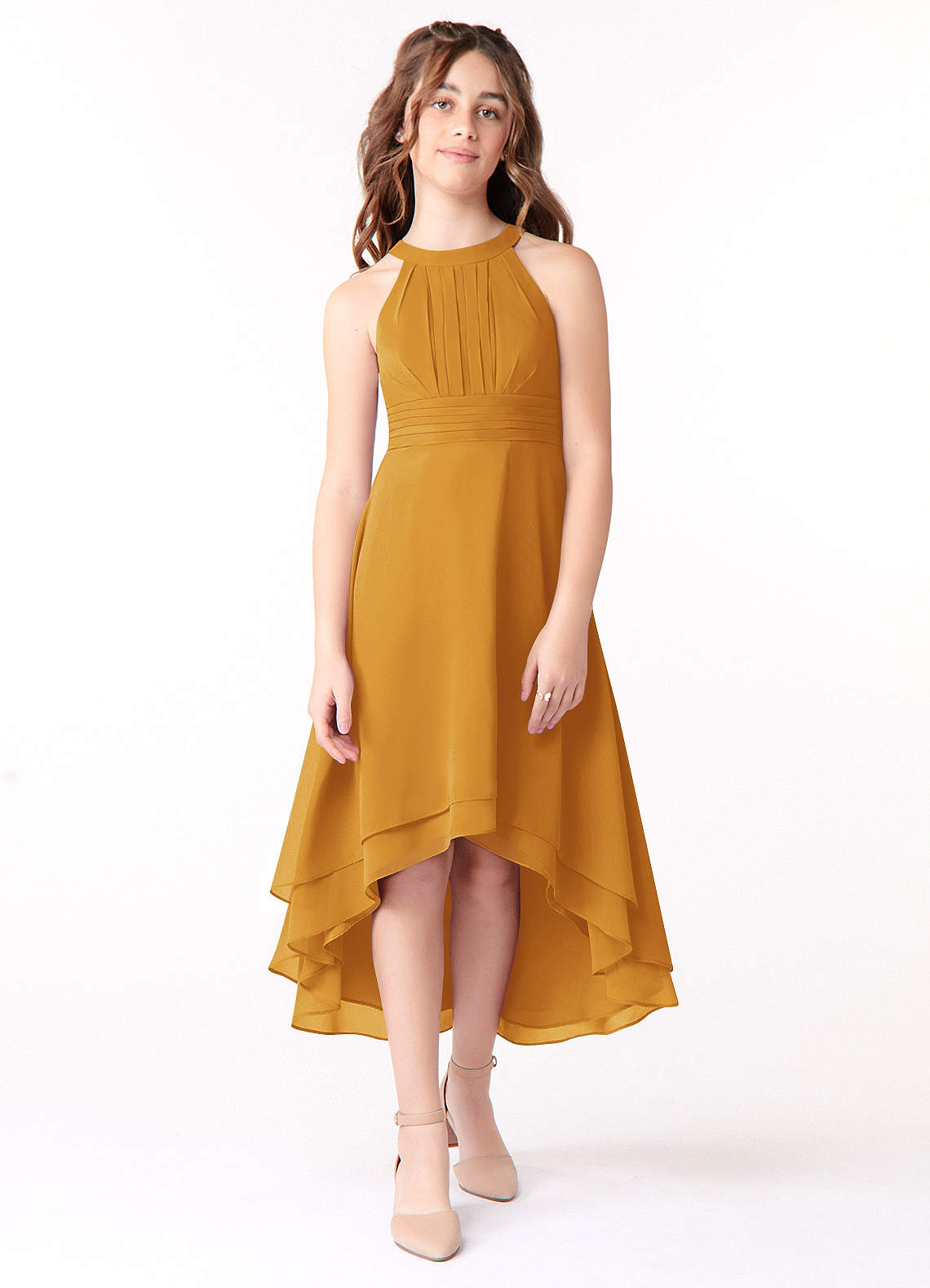 Azazie Linna Junior Butterscotch A-Line Pleated Chiffon Dress image1