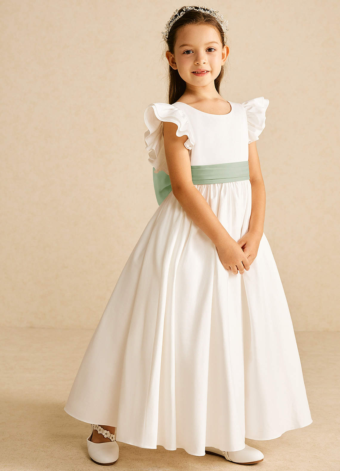 Azazie Aero Flower Girl Dresses Ivory Dusty Sage A-Line Pleated Cotton Dress image4