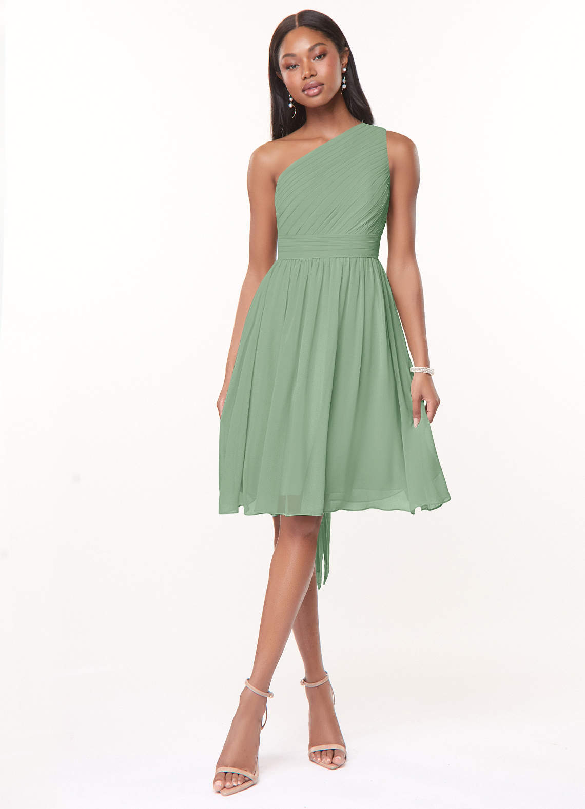 Azazie Katrina Bridesmaid Dresses Matcha A-Line One Shoulder Chiffon Dress image1