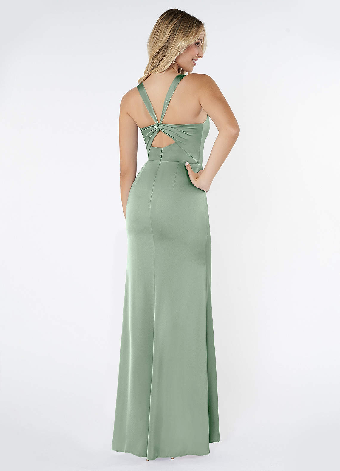 Azazie Mero Bridesmaid Dresses Agave Sheath Pleated Stretch Satin Dress image2