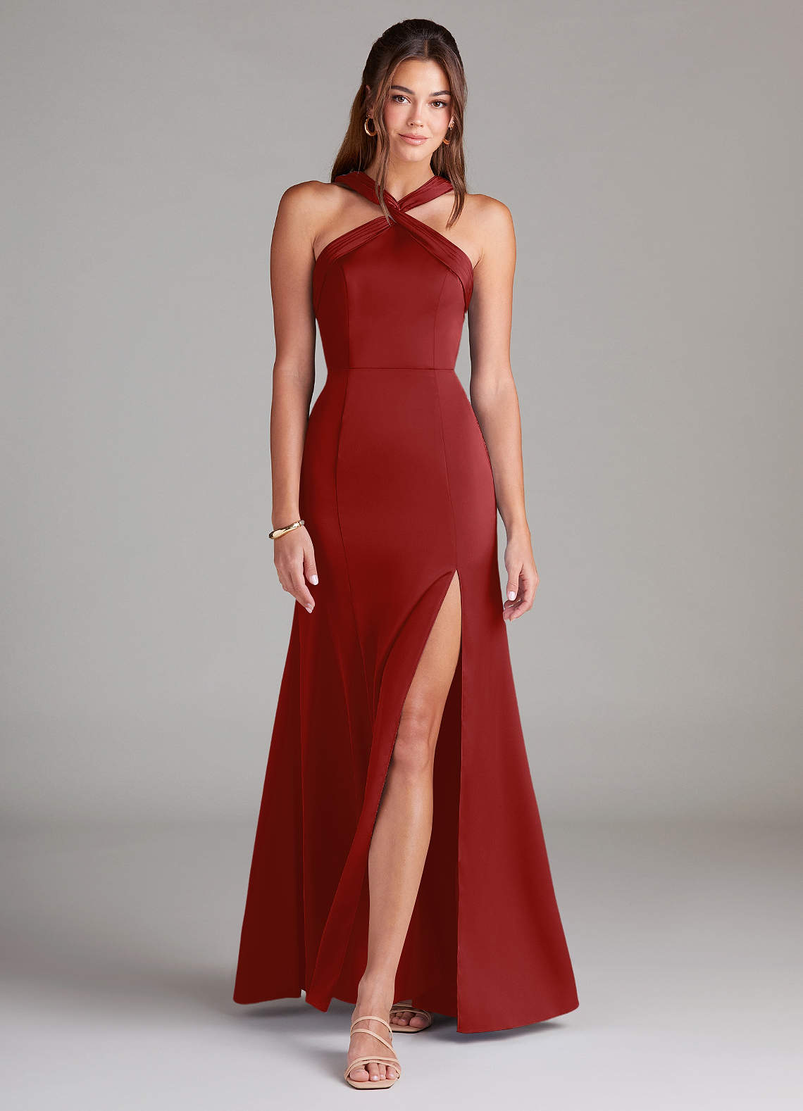 Azazie Rue Bridesmaid Dresses Pomegranate A-Line Pleated Stretch Satin Dress image2