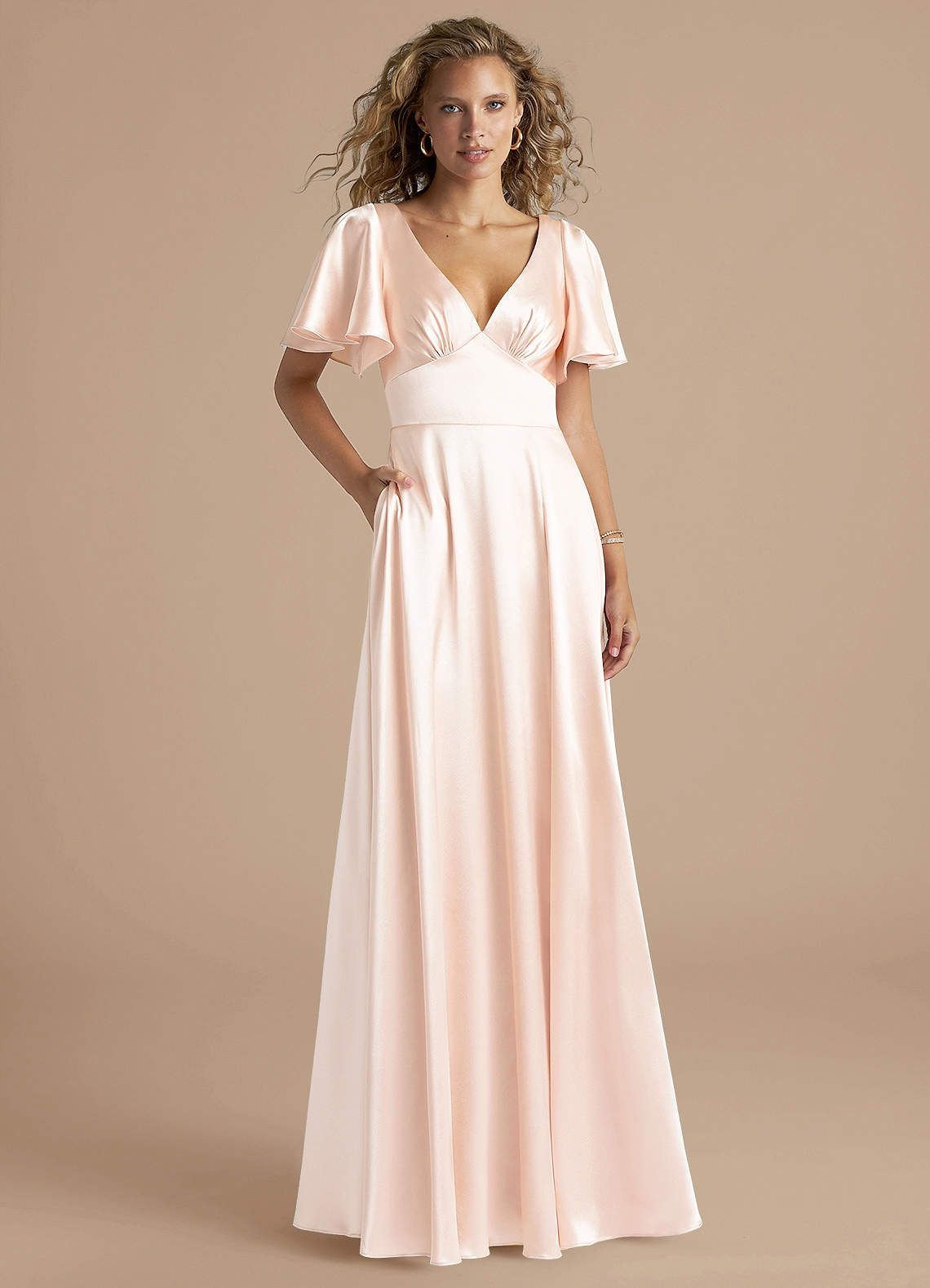 Azazie Kimber Bridesmaid Dresses Rose Gold A-Line Ruched Metallic Satin Dress image1