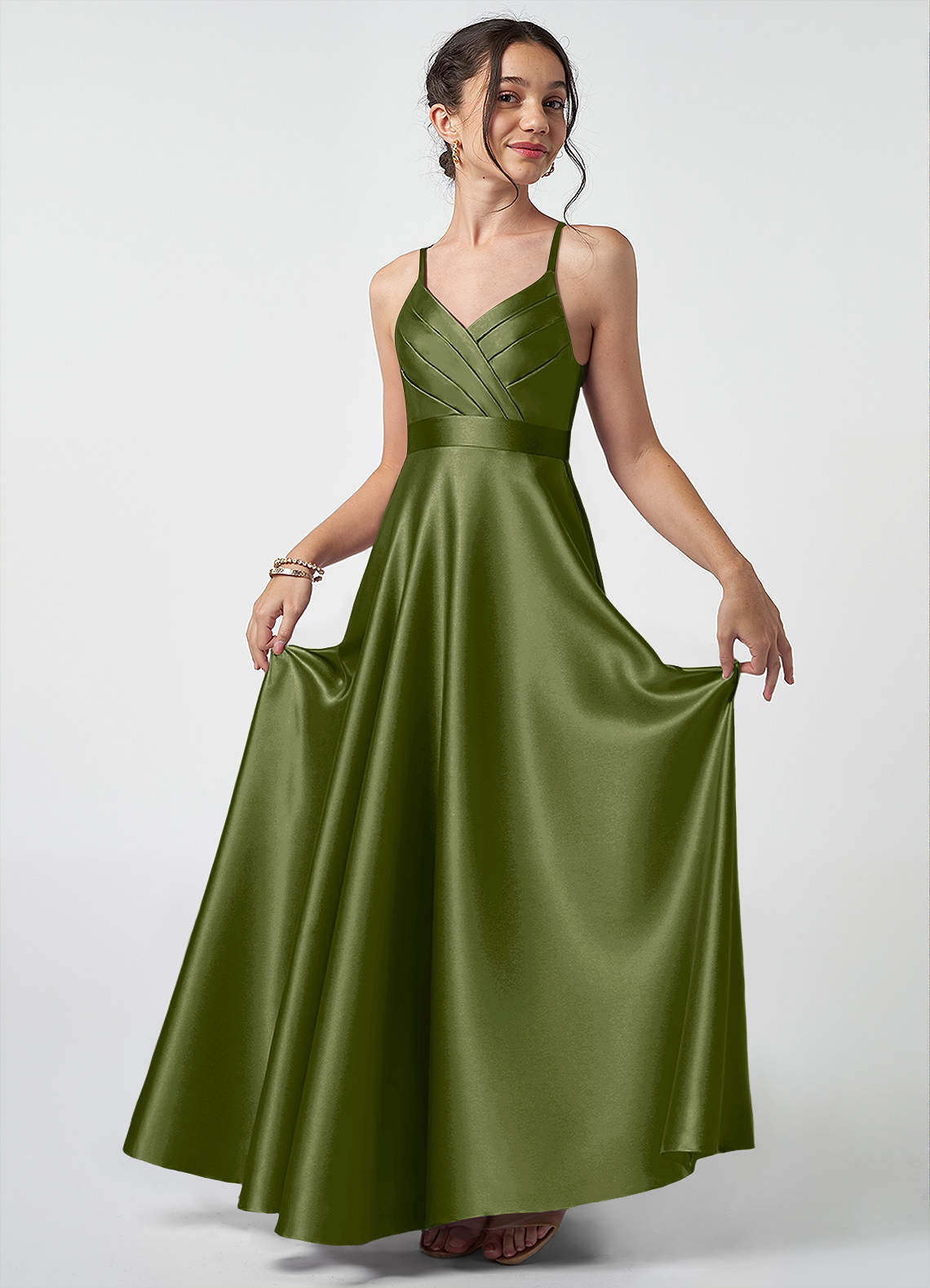 Azazie Avelina Junior Olive A-Line Pleated Metallic Satin Dress image1