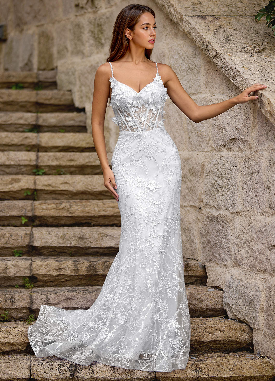 Azazie White Floor-Length Mermaid V Neck Lace Rhinestones 3D Flowers Prom and Evening Dress UK