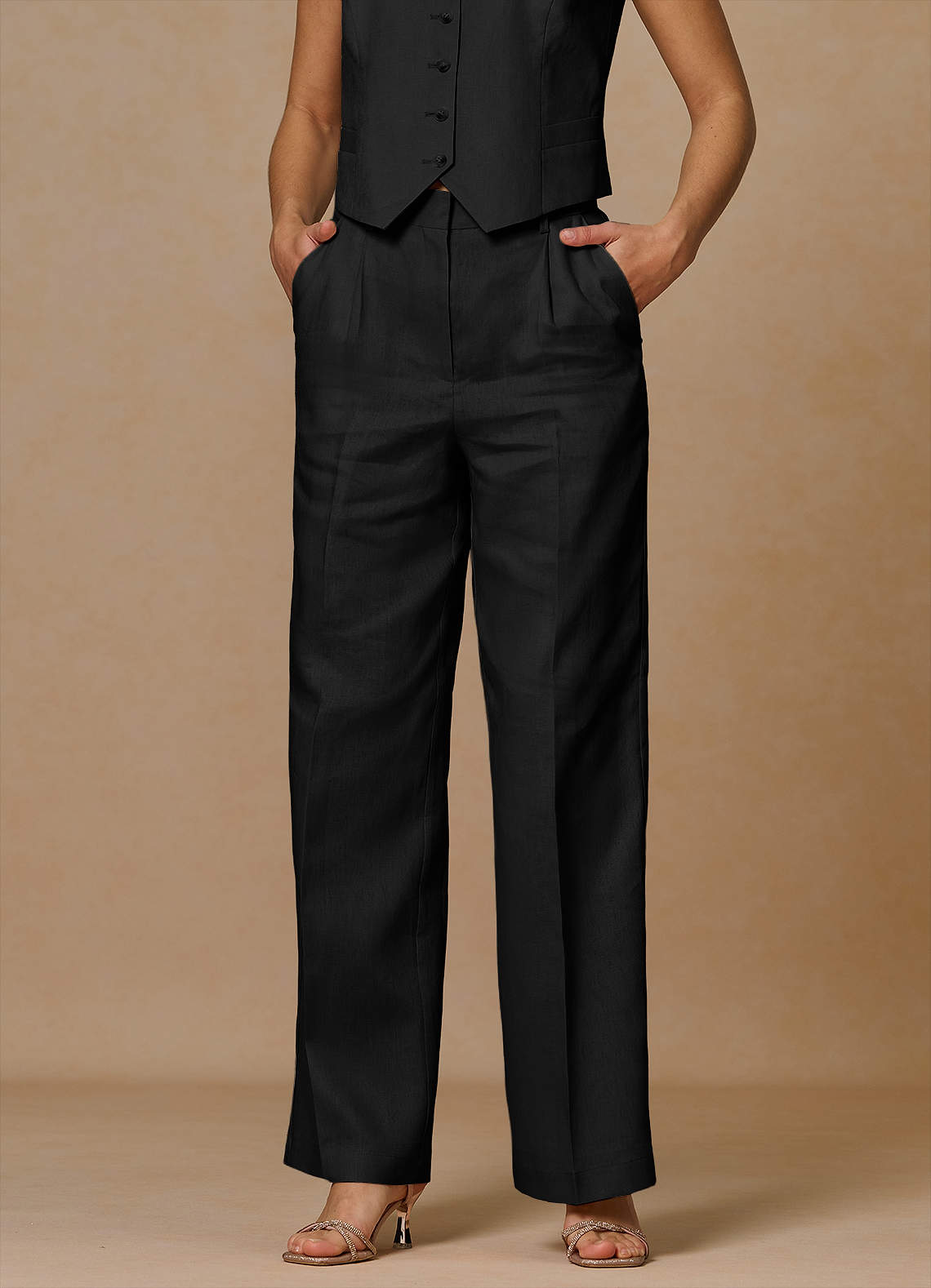 front Belicia Negro Pantalones 100% lino