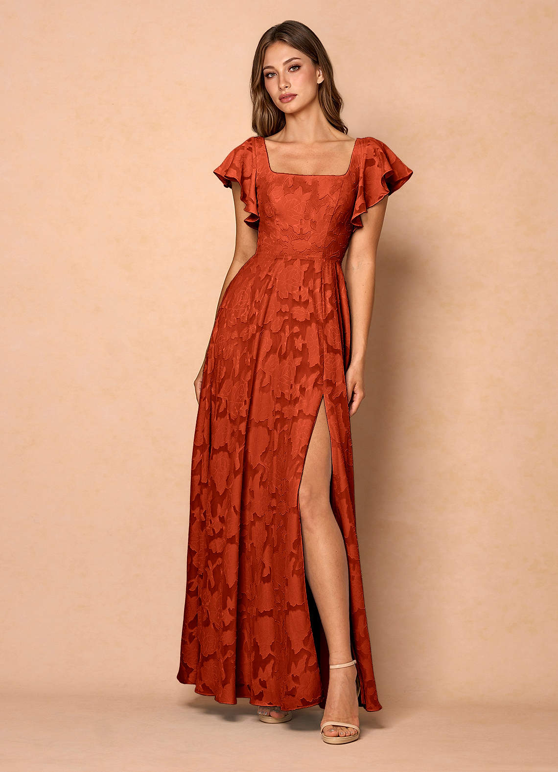 Azazie Plus Size Floor-Length Maxi Dresses A-Line Wedding Guest Formal Dresses Square Ruffles Auburn