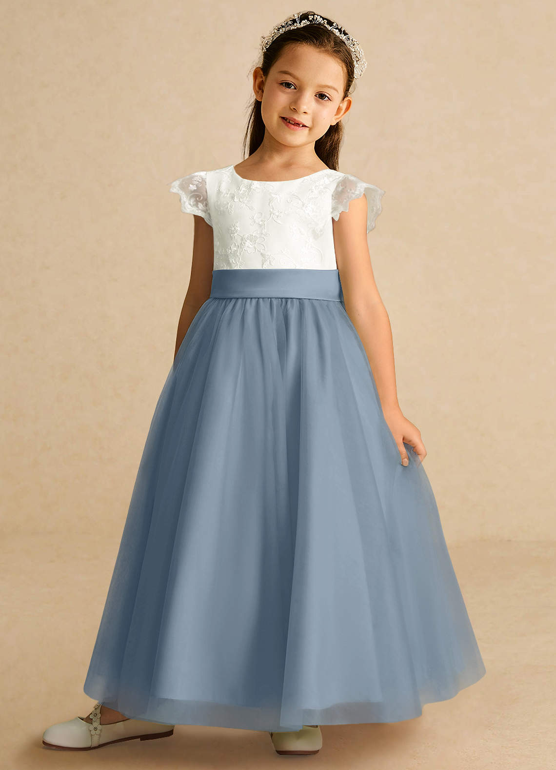 Azazie Pookie Flower Girl Dresses Dusty Blue A-Line Lace Tulle Dress image1