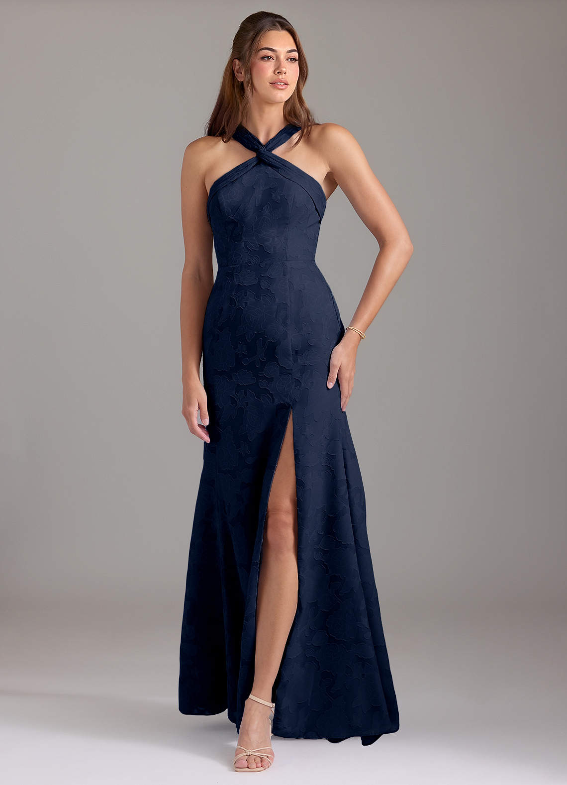 Azazie Rue Bridesmaid Dresses Dark Navy A-Line Pleated Floral Burnout Dress image1