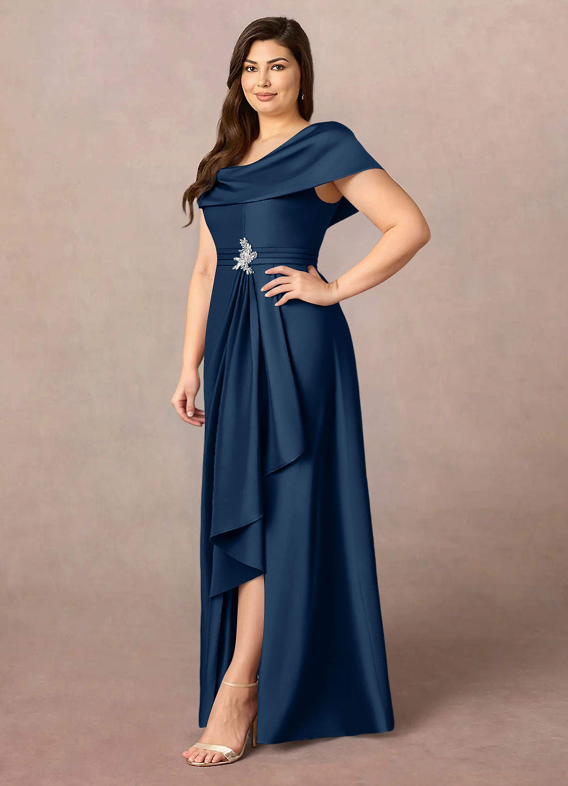 Azazie Branford Mother of the Bride Dresses Dark Navy A-Line Pleated Stretch Satin Dress image10