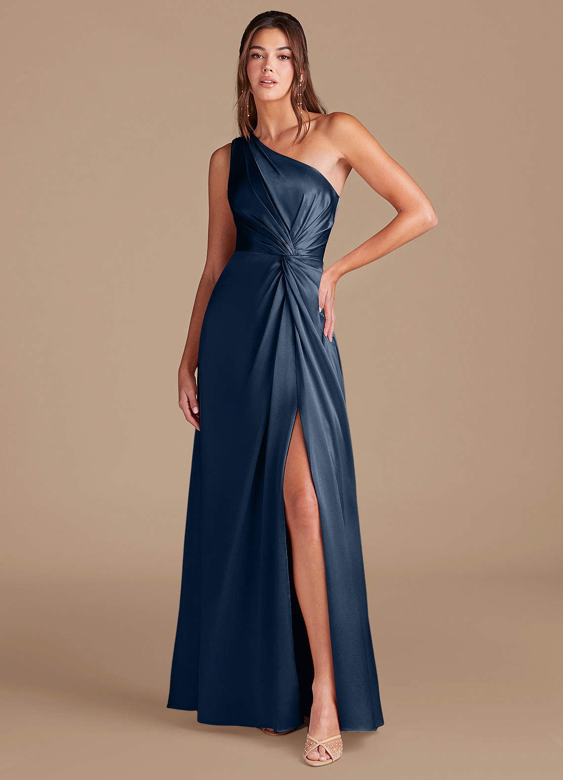 Azazie Brooke Bridesmaid Dresses Dark Navy A-Line One Shoulder Metallic Satin Dress image1