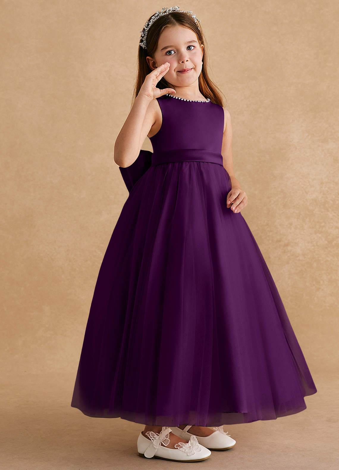 Azazie Cookie Robe Demoiselle D'honneur Fillette Robe Trapèze en Tulle Arc Grain De Raisin image1