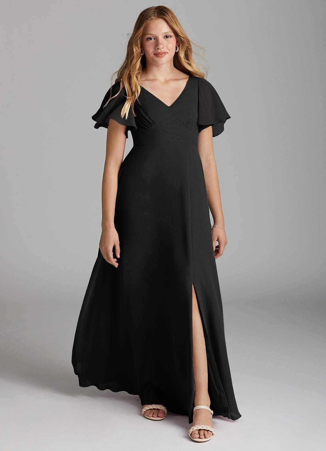 Azazie Kimber Junior Black A-Line Pleated Chiffon Dress image1