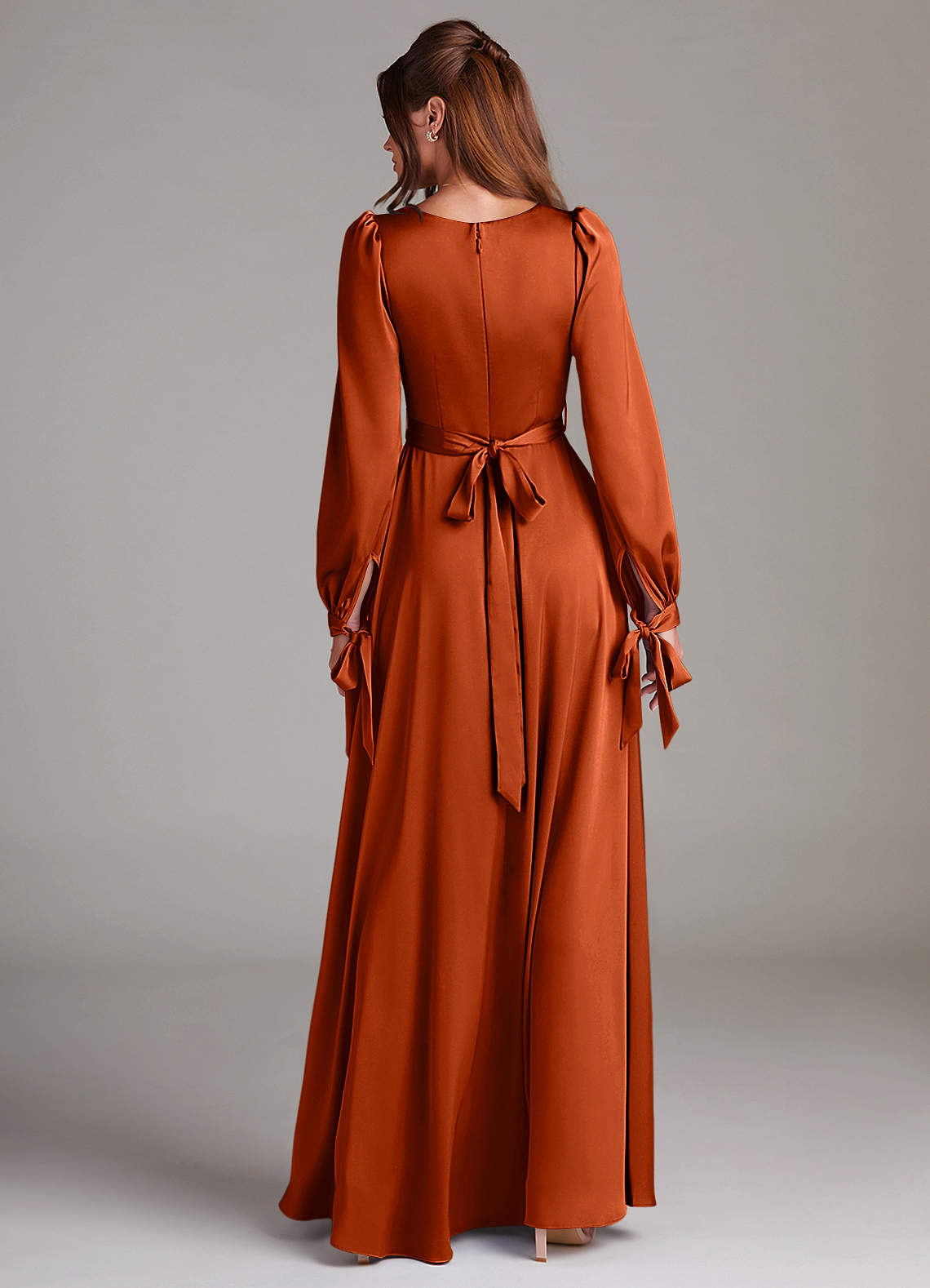 Azazie Leonia Bridesmaid Dresses Paprika A-Line Long Sleeve Stretch Satin Dress image1