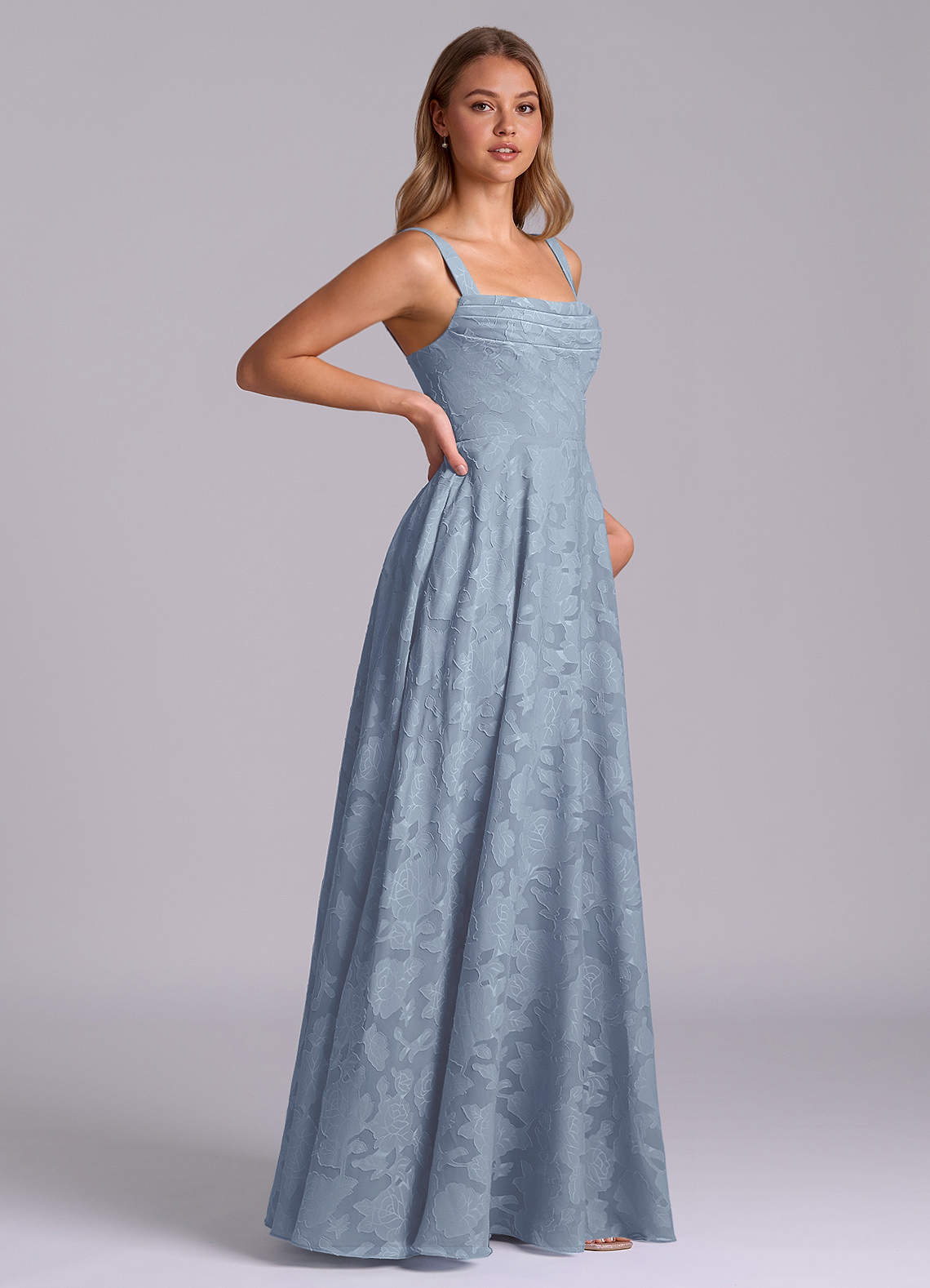 Azazie Shaude Brautjungfernkleider A-Linie Plissee Blumen-Burnout Kleid Staubblau image6