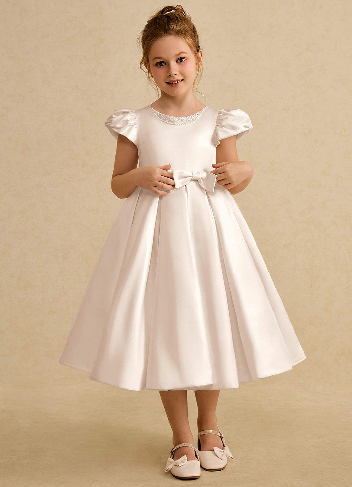 Azazie Pearl Flower Girl Dresses White Alabaster Ball-Gown Pleated Matte Satin Dress image1
