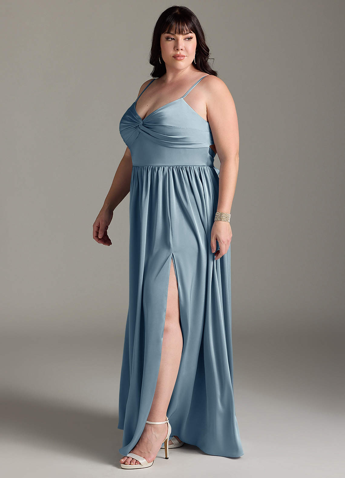 Azazie Zeya Bridesmaid Dresses Dusty Blue A-Line Pleated Stretch Satin Dress image12
