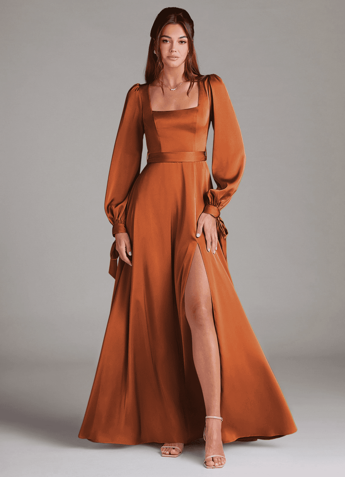 Azazie A-Line Square Neck Long Sleeve Floor-Length Stretch Satin Bridesmaid Dresses - Cinnamon