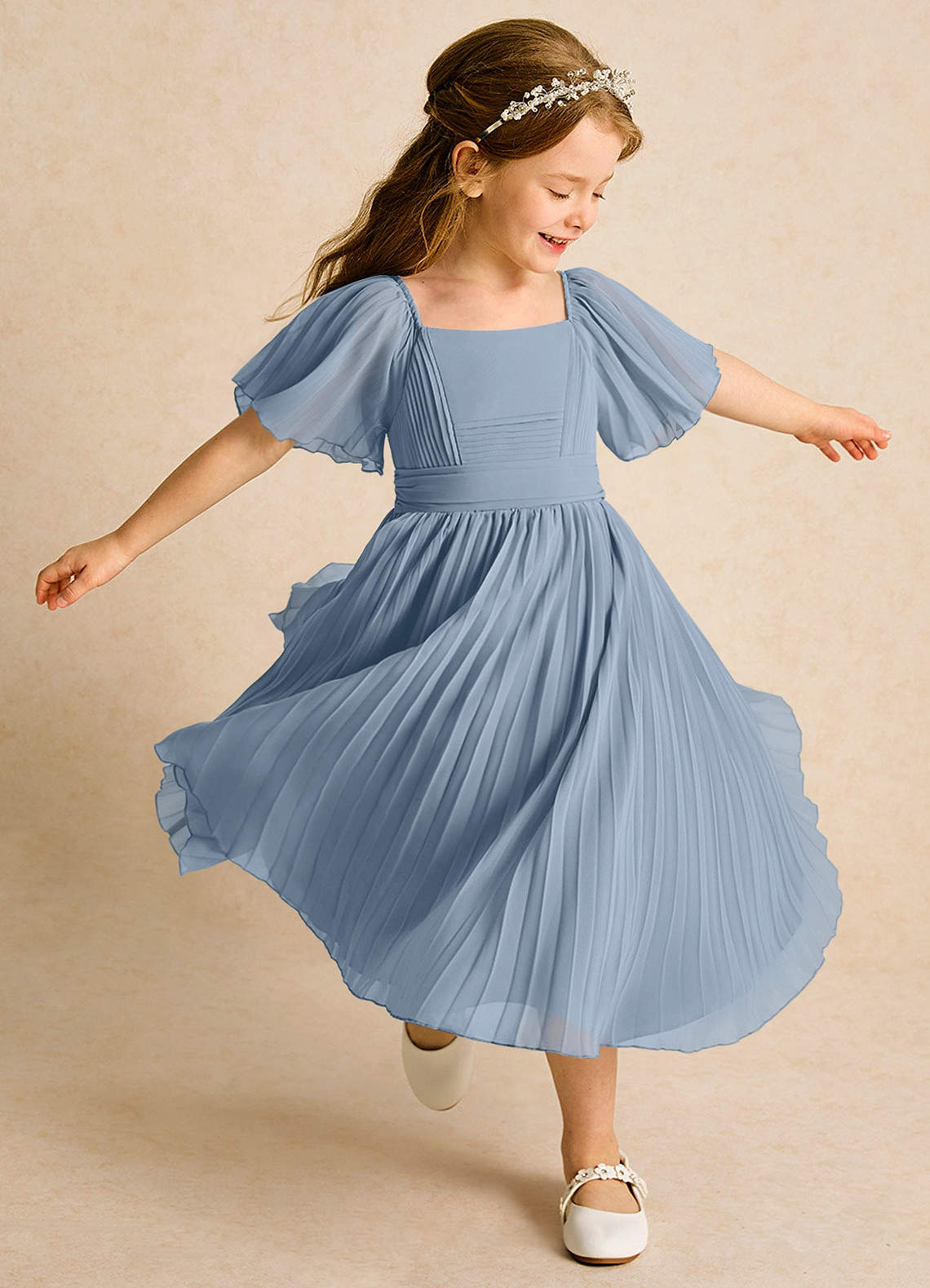 Azazie Gisele Abiti da Ragazza di Fiori Abito A-Line in Chiffon Plissettato Blu Polveroso image1
