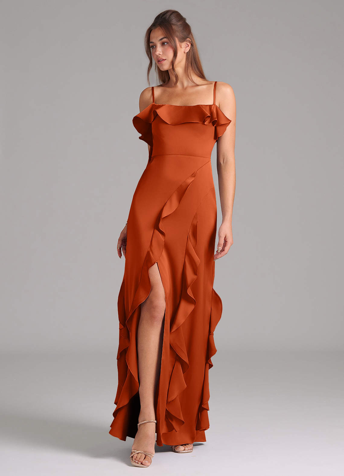 Azazie Malia Robes de demoiselle d'honneur Robe Trapèze en Satin extensible Fente Latérale Orange Brûlée image1