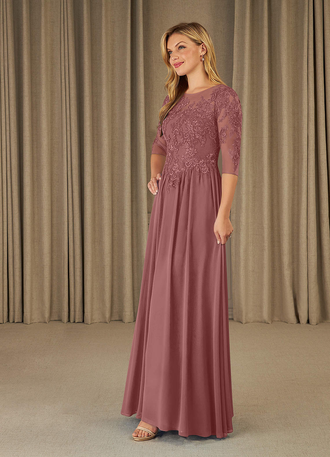 Azazie Mirielle vestidos de madre de la novia Vestido de Rosa Del Desierto de Gasa de Corte En A con Encaje Scoop image2