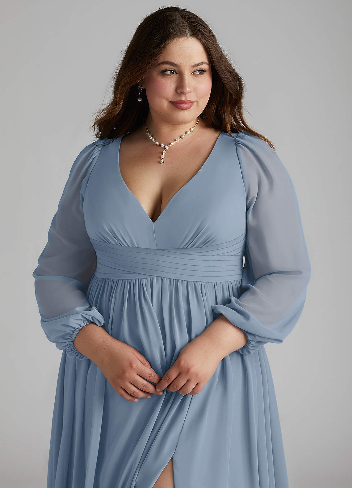 Azazie Norah Bridesmaid Dresses Dusty Blue A-Line V-Neck Long Sleeve Chiffon Dress image9