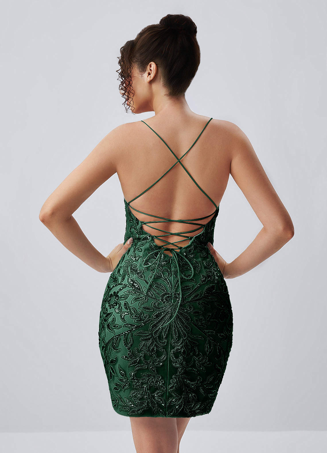 Liliane Dusty Green Spaghetti Strap Sequin Leaf Lace-Up Mini Dress