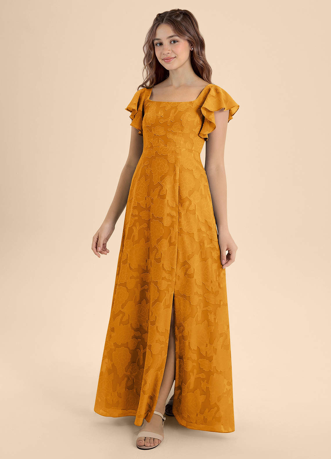 Azazie Bondi Junior Robe Trapèze en Blumen-Burnout Arc Caramel écossais image1