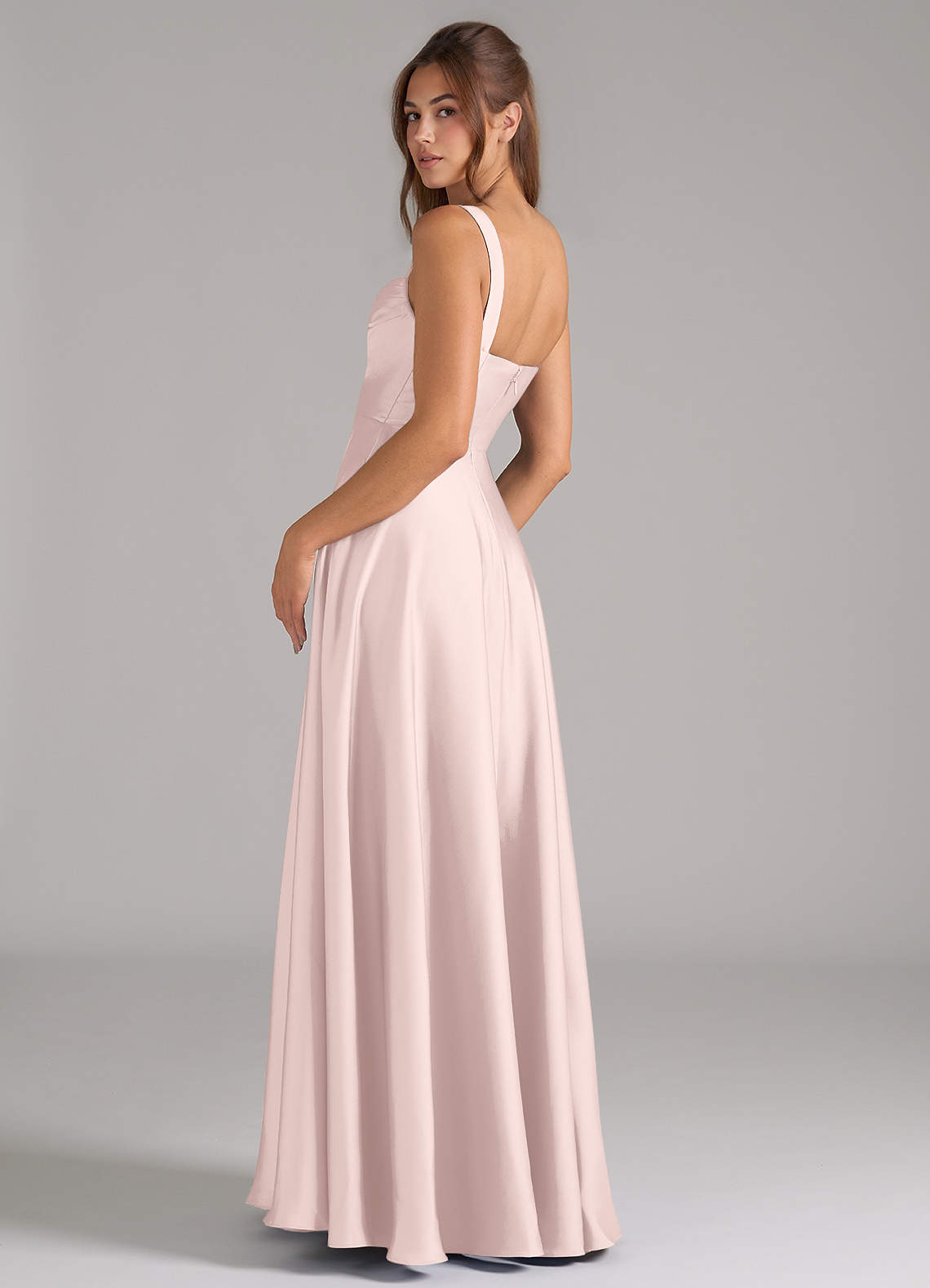 Azazie Shaude Bridesmaid Dresses Blushing Pink A-Line Pleated Stretch Satin Dress image6