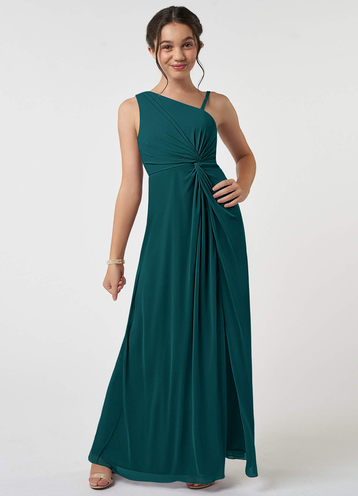Azazie Brooke Junior Abito A-Line in Maglia Plissettato Verde Pavone image1