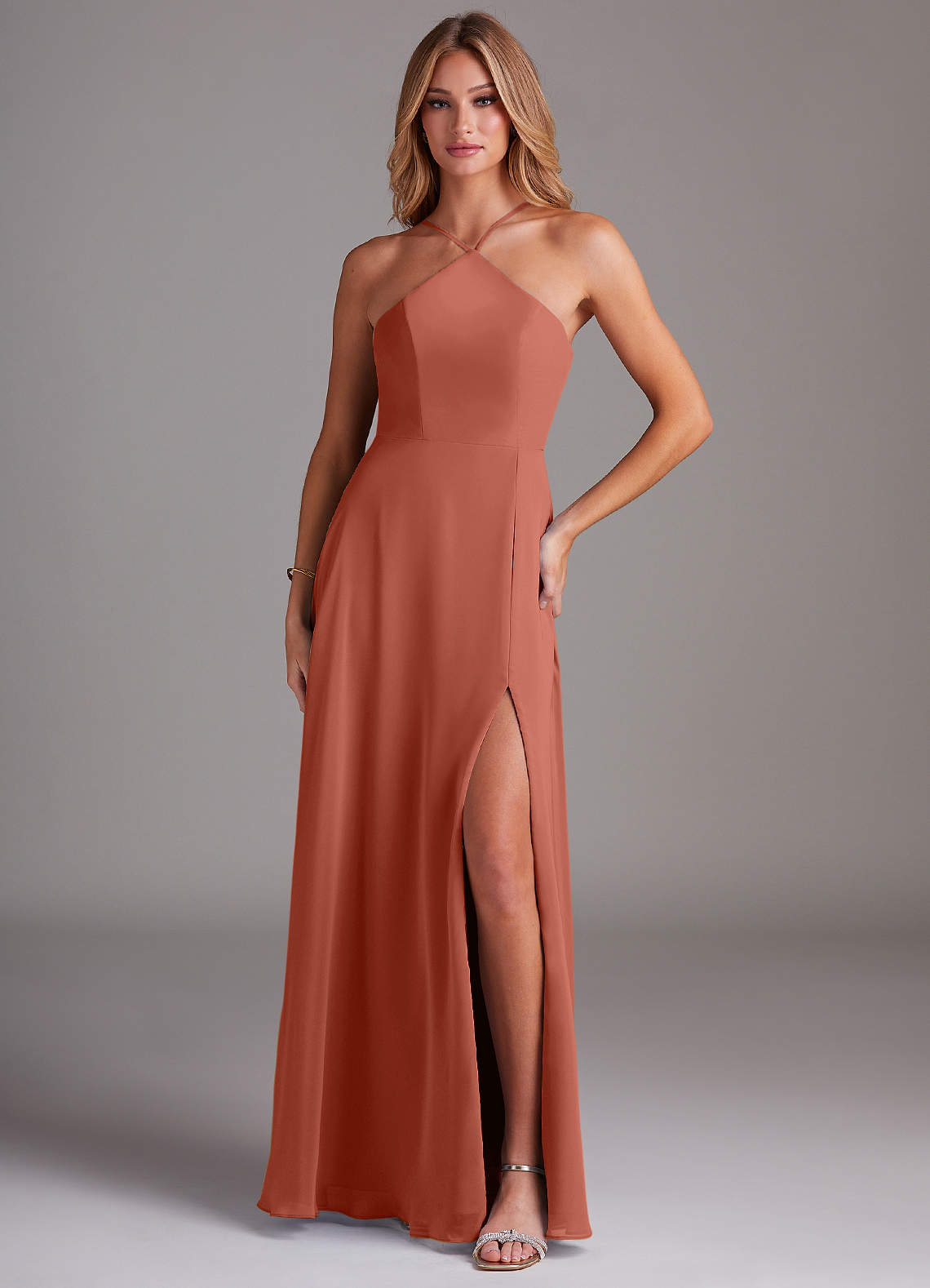 Azazie Bailey Bridesmaid Dresses Clay A-Line Halter Side Slit Chiffon Dress image1