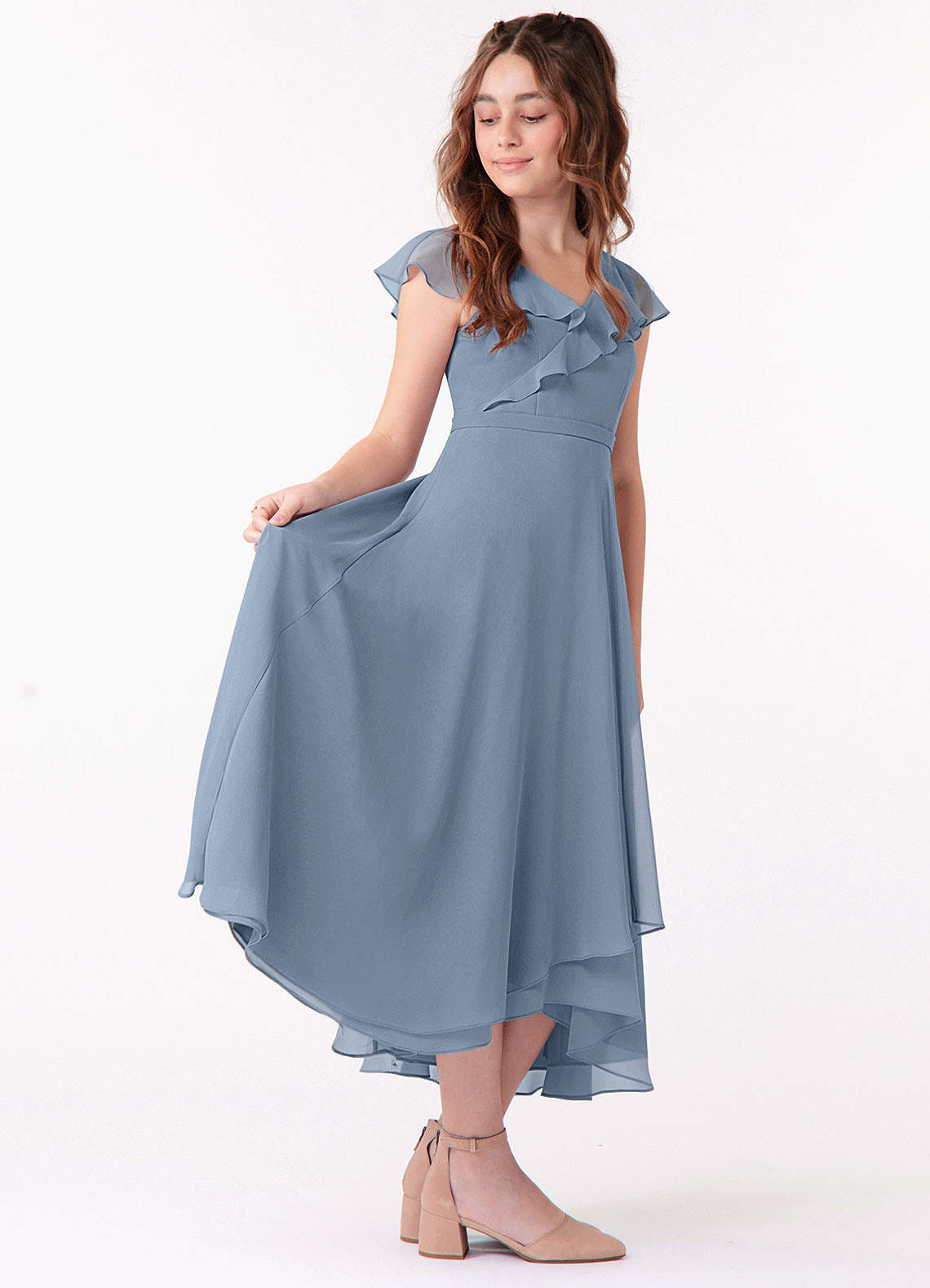 Azazie Posie Junior Dusty Blue A-Line Ruched Chiffon Dress image2