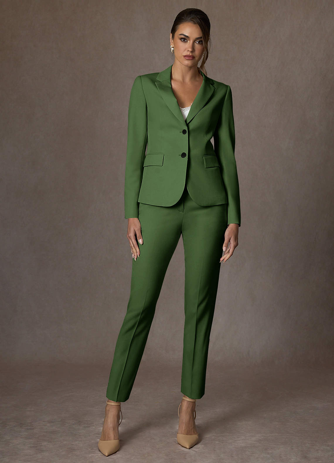 front Whitney Olive Structured Stretch Full Length Pants Suit